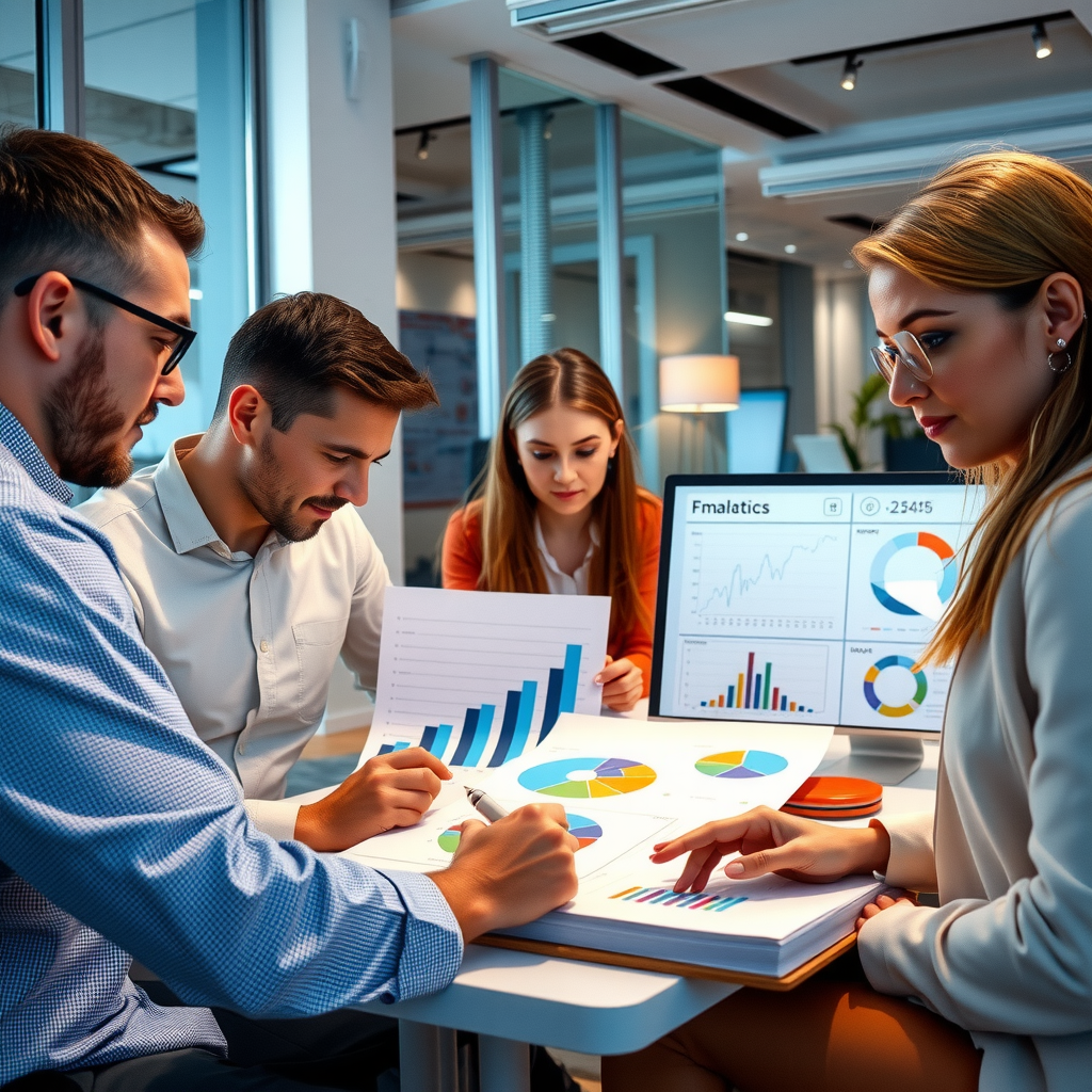 Professionelles Team von Wirtschaftsanalysten bei der Arbeit mit Datenvisualisierungen und Marktberichten in einem modernen Büro