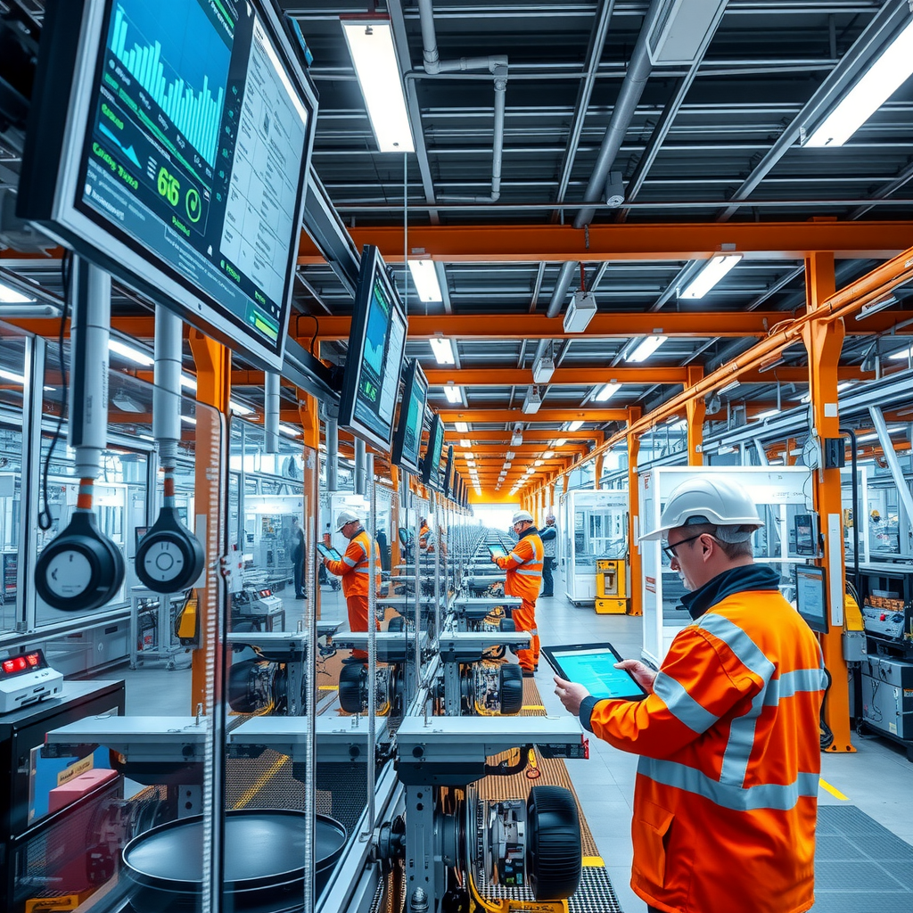 Modern German manufacturing facility with digital screens showing production data, robotic assembly lines, and workers using tablets for quality control in a clean industrial environment