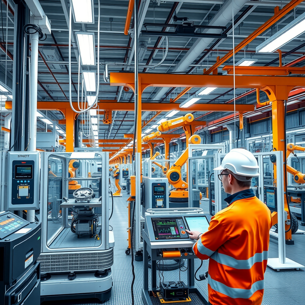 Modern German manufacturing facility with automated production lines, digital control systems, robotic assembly equipment, and workers using tablets to monitor real-time production data in a clean, high-tech industrial environment