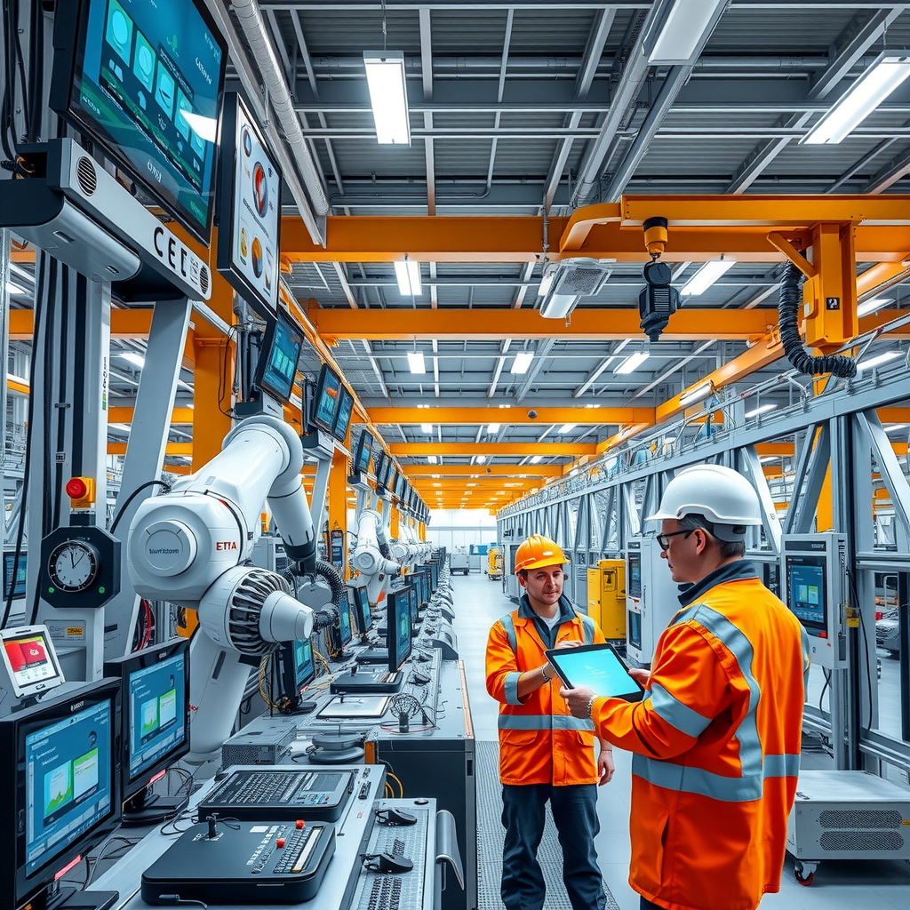 Moderne deutsche Produktionsanlage mit digitalen Überwachungssystemen, Industrierobotern und Arbeitern mit Tablets in einer hellen, sauberen Fabrikhalle