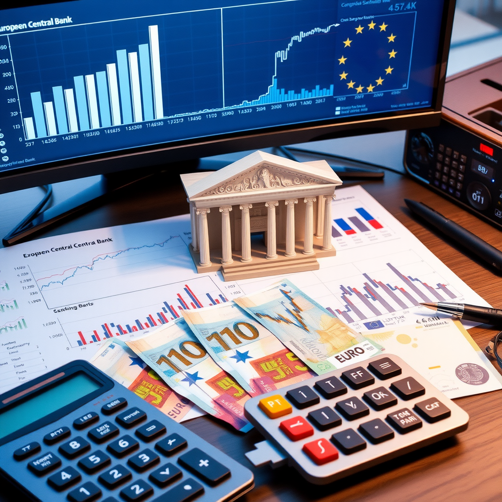 Detaillierte Grafik der Europäischen Zentralbank mit Zinssatzdiagrammen, Wirtschaftsindikatoren und Finanzanalyse-Tools auf modernem Schreibtisch mit Euro-Banknoten und Taschenrechner