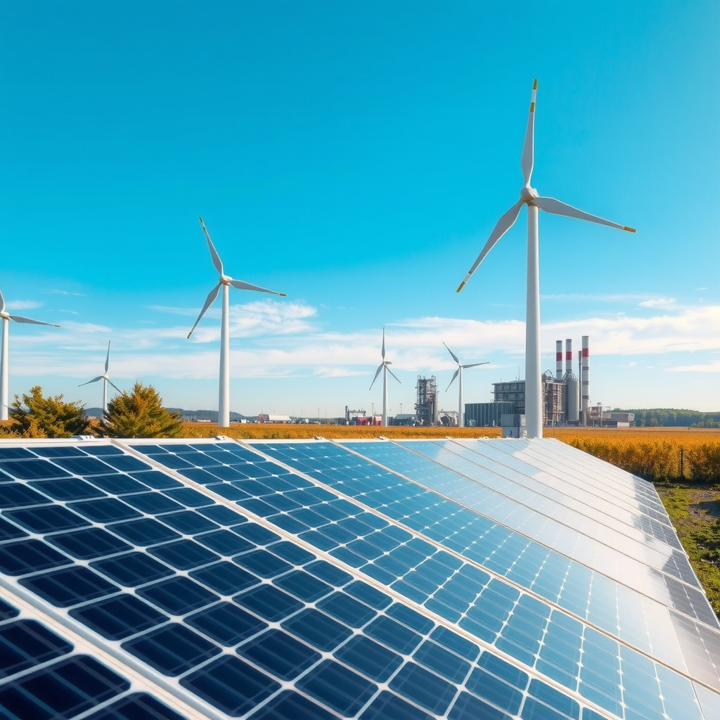Moderne erneuerbare Energieinfrastruktur in Deutschland mit Solarpanelen und Windkraftanlagen vor blauem Himmel und industrieller Anlage im Hintergrund