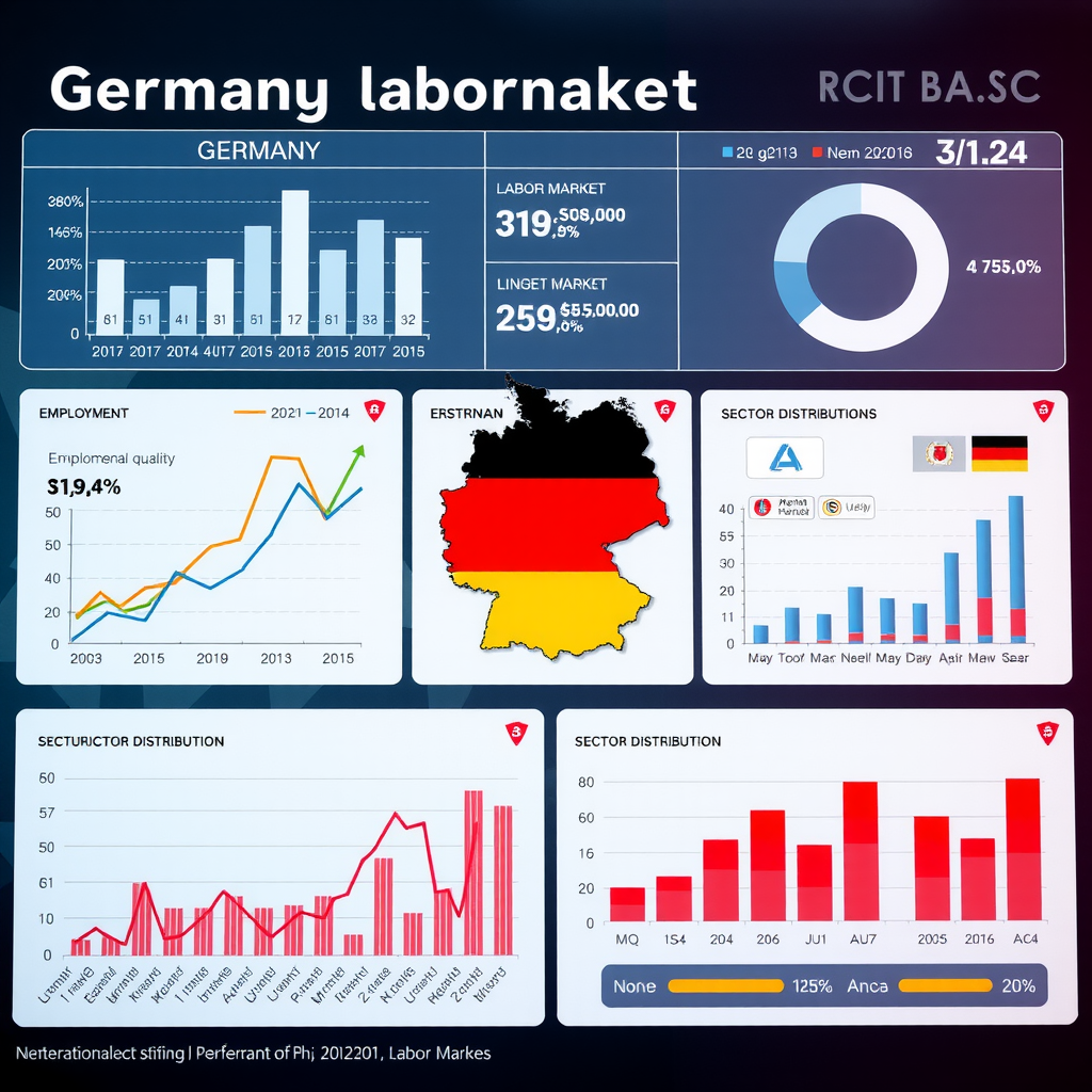 Überblick über den deutschen Arbeitsmarkt mit Grafiken zu Beschäftigungstrends, Arbeitslosenquoten und Branchenverteilung auf modernem Dashboard