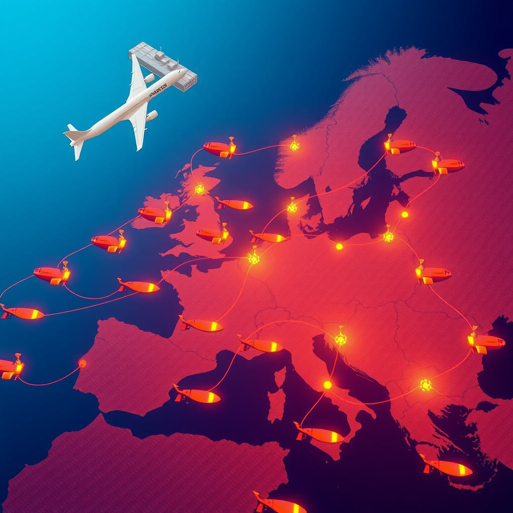 Detaillierte Visualisierung europäischer Handelsrouten mit Containerschiffen, Frachtflugzeugen und Lastwagen, die Waren zwischen modernen Häfen und Logistikzentren transportieren, vor dem Hintergrund einer stilisierten Europakarte mit leuchtenden Handelskorridoren