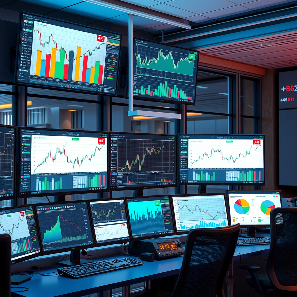 Moderner Arbeitsplatz mit mehreren Bildschirmen zeigt Wirtschaftsdiagramme, Marktanalysen und statistische Auswertungen