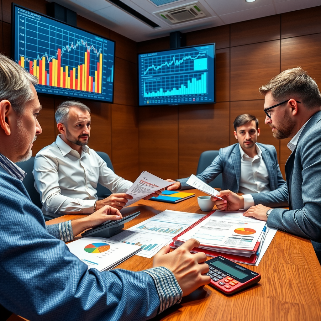 Business meeting room with financial charts on screens, German SME owners reviewing interest rate documents, calculator and financial reports on conference table