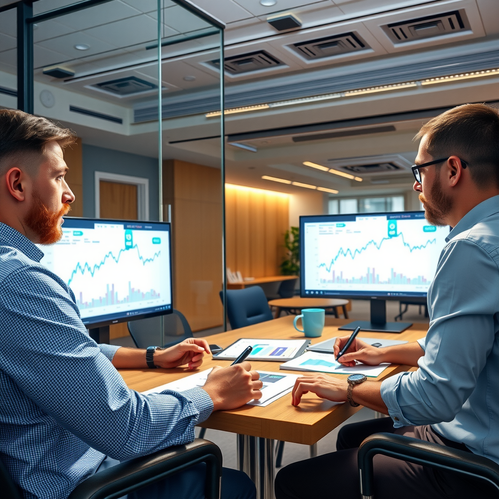 Professional business meeting in a modern office with small business owners reviewing financial charts, graphs showing interest rate trends, and economic data on digital screens, representing SME financial planning and monetary policy analysis