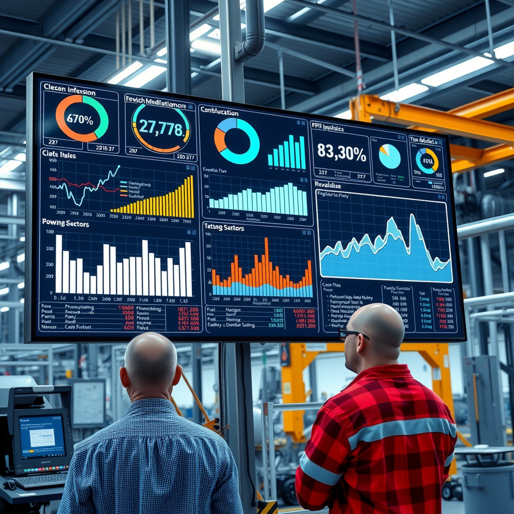 Großer digitaler Monitor zeigt Echtzeit-Produktionsdaten, KPIs und Analysen in einer modernen Fabrikumgebung mit Ingenieuren, die die Daten auswerten