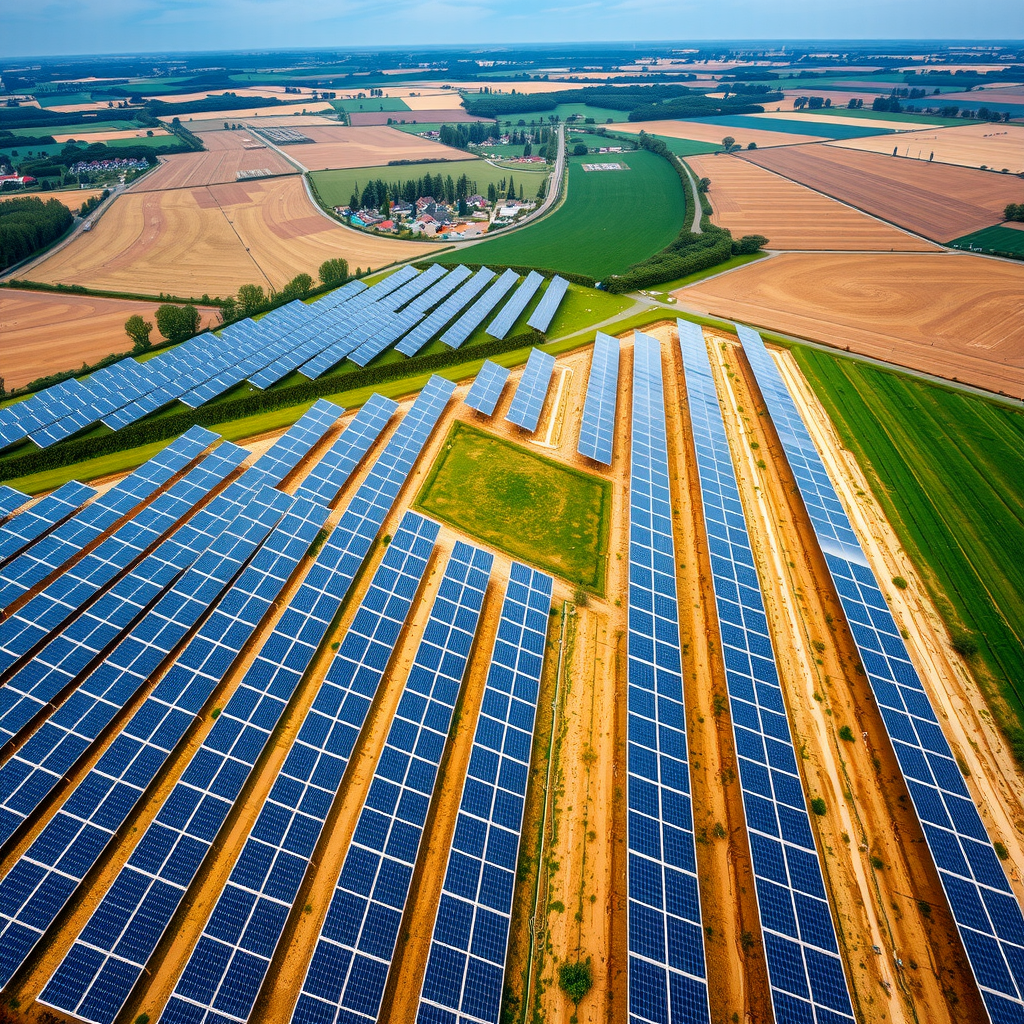 Großflächige Solaranlage aus der Vogelperspektive mit ausgedehnten Solarpanel-Arrays in ländlicher deutscher Landschaft mit landwirtschaftlichen Feldern