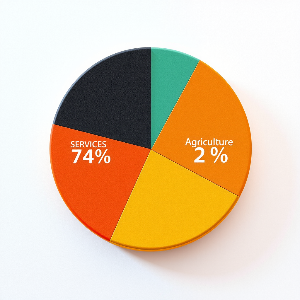 Kreisdiagramm zeigt die Verteilung der Beschäftigung nach Wirtschaftssektoren in Deutschland: Dienstleistungen 74%, Industrie 24%, Landwirtschaft 2%, mit detaillierten Prozentangaben und Farbcodierung