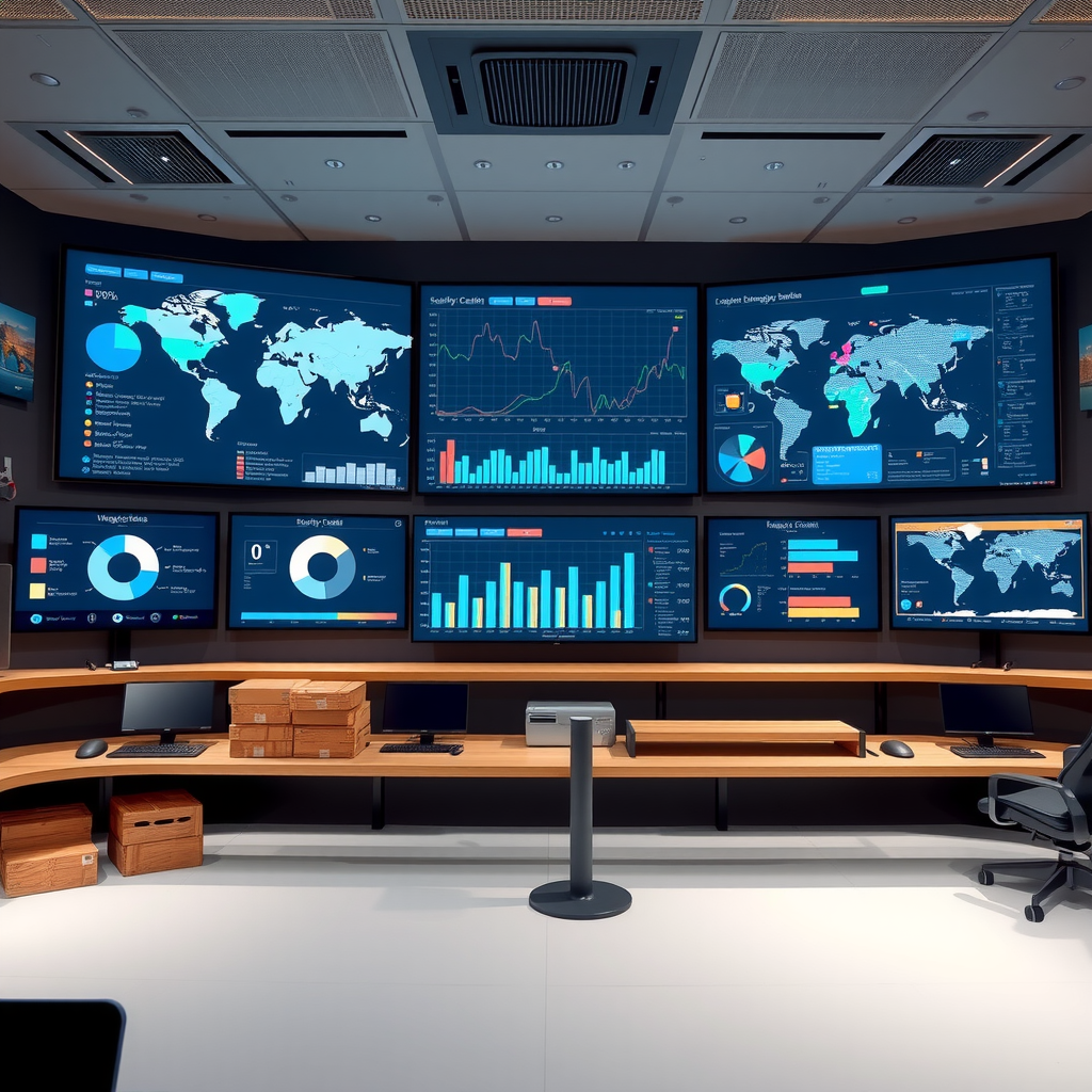 Moderne Darstellung eines digitalen Lieferketten-Dashboards mit interaktiven Grafiken, Echtzeit-Datenströmen, Weltkarte mit Logistikrouten, Lagerverwaltungssystemen und Analysewerkzeugen auf mehreren Bildschirmen in einem hochmodernen Kontrollraum