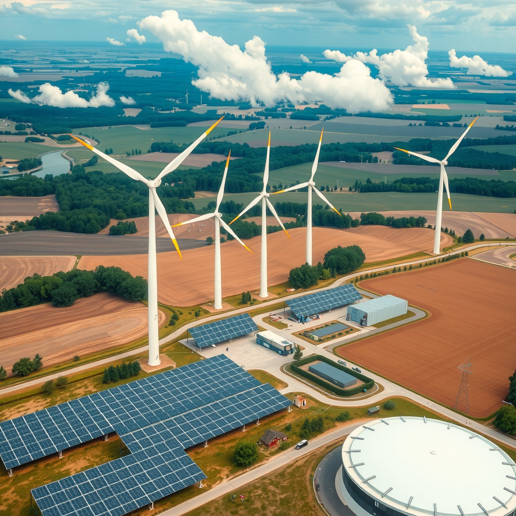 Aerial view of German landscape with wind turbines, solar panel fields, and hydrogen production facility, showing sustainable energy infrastructure and green technology investment