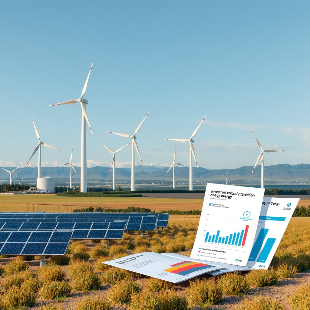 Expansive renewable energy landscape featuring modern wind turbines, solar panel arrays, and hydrogen production facilities against a clear sky, with investment charts and policy documents in the foreground representing Germany's energy transition