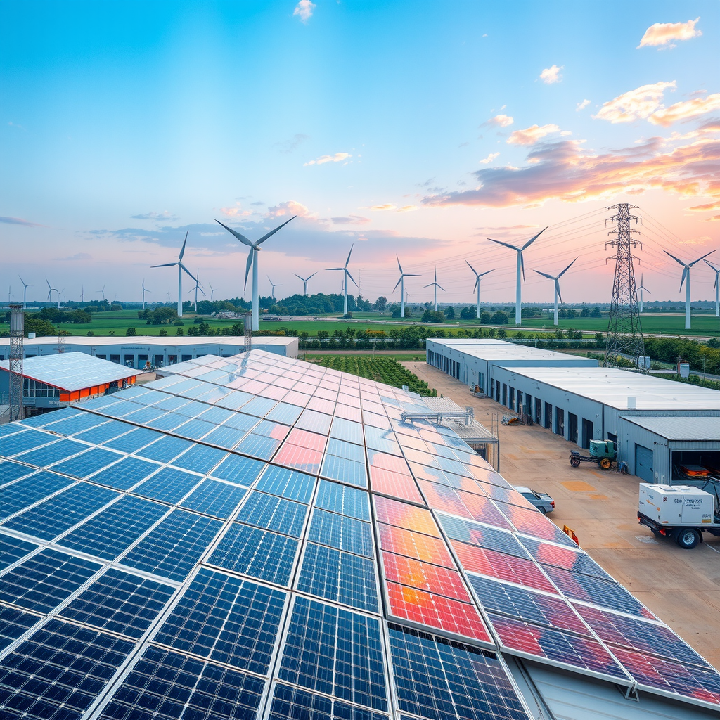 Moderne Produktionsstätte mit Solarpanelen auf dem Dach, Windrädern im Hintergrund und grünen Technologien, die nachhaltige Fertigung symbolisieren