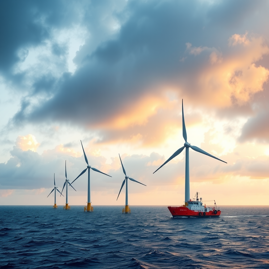 Offshore-Windpark mit mehreren großen Windturbinen im Meer, Wartungsschiff und dramatischem bewölktem Himmel