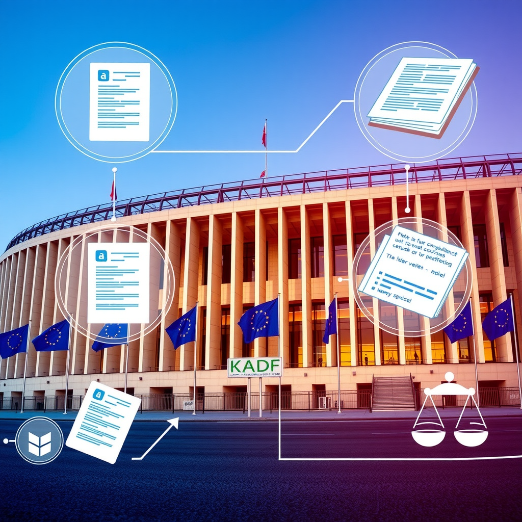 Professionelle Darstellung eines europäischen Parlamentsgebäudes mit EU-Flaggen, umgeben von symbolischen Darstellungen von Handelsverträgen, Zolldokumenten, digitalen Compliance-Systemen und Rechtstexten, die die regulatorische Infrastruktur des europäischen Handels repräsentieren