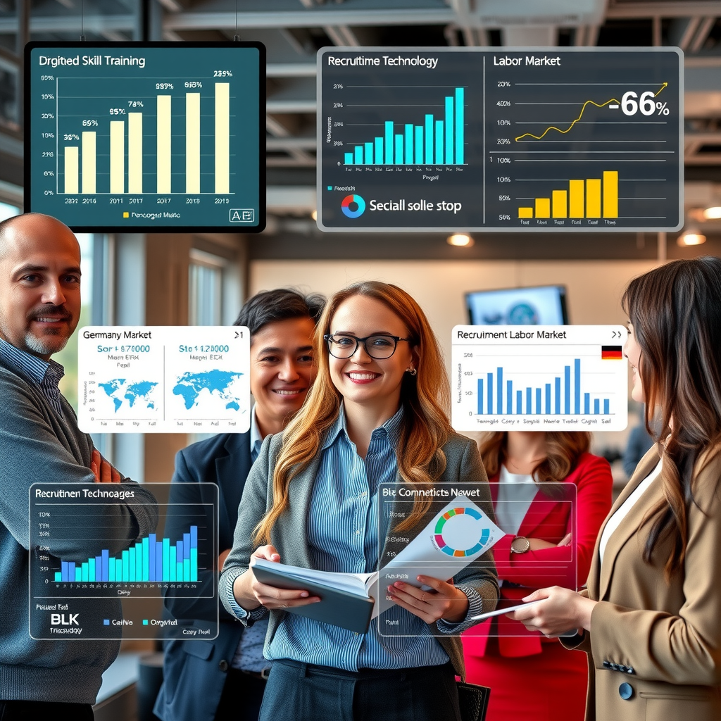 Diverse group of professionals in a modern workplace setting with digital skill training displays, demographic charts showing workforce statistics, and recruitment technology interfaces representing Germany's evolving labor market