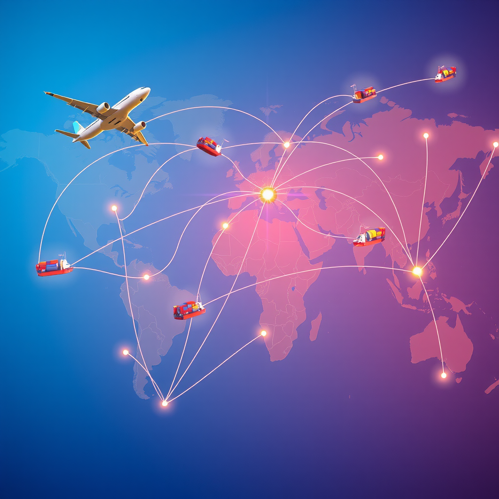 Visualisierung eines komplexen globalen Lieferkettennetzwerks mit Containerschiffen, Flugzeugen, Lagerhäusern und digitalen Verbindungslinien auf einer Weltkarte