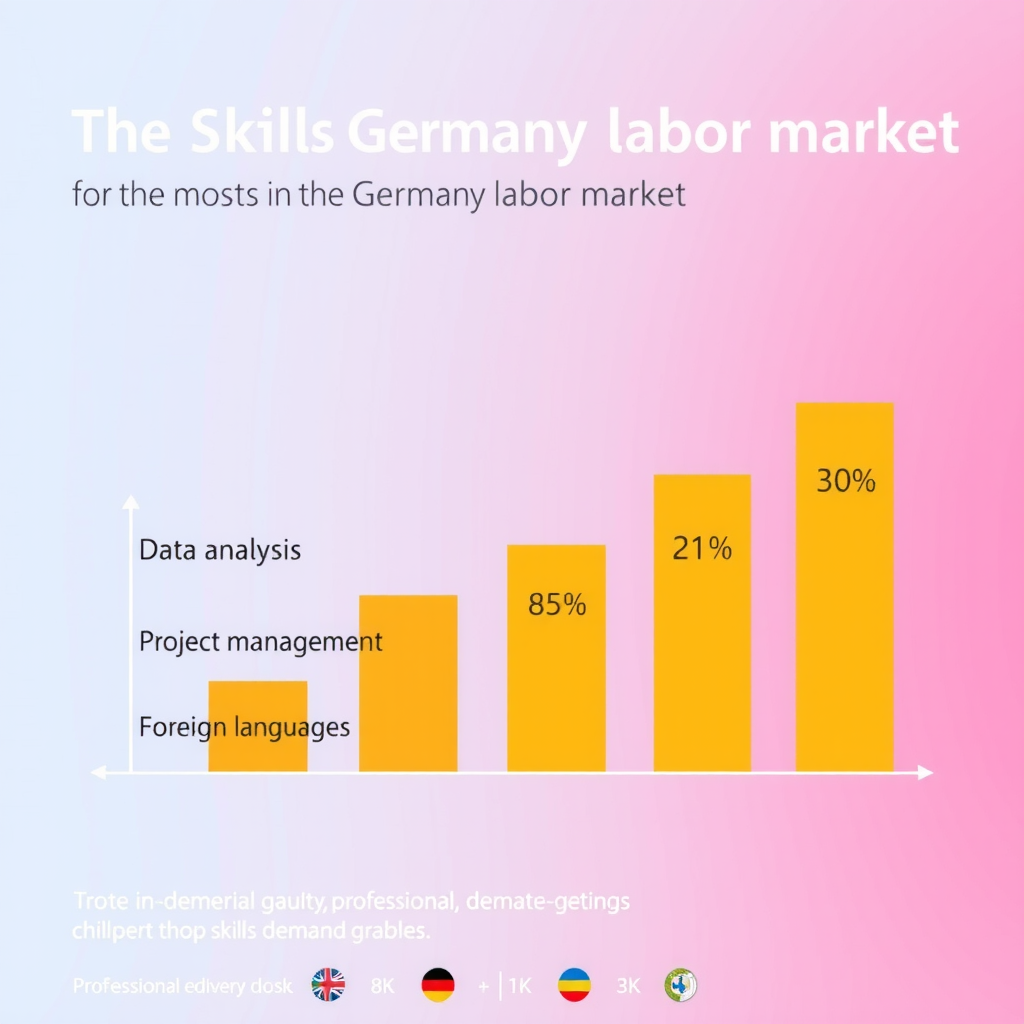 Horizontales Balkendiagramm zeigt die am meisten nachgefragten Fähigkeiten auf dem deutschen Arbeitsmarkt: Digitale Kompetenzen, Datenanalyse, Projektmanagement, Fremdsprachen, mit Prozentangaben des Nachfragewachstums