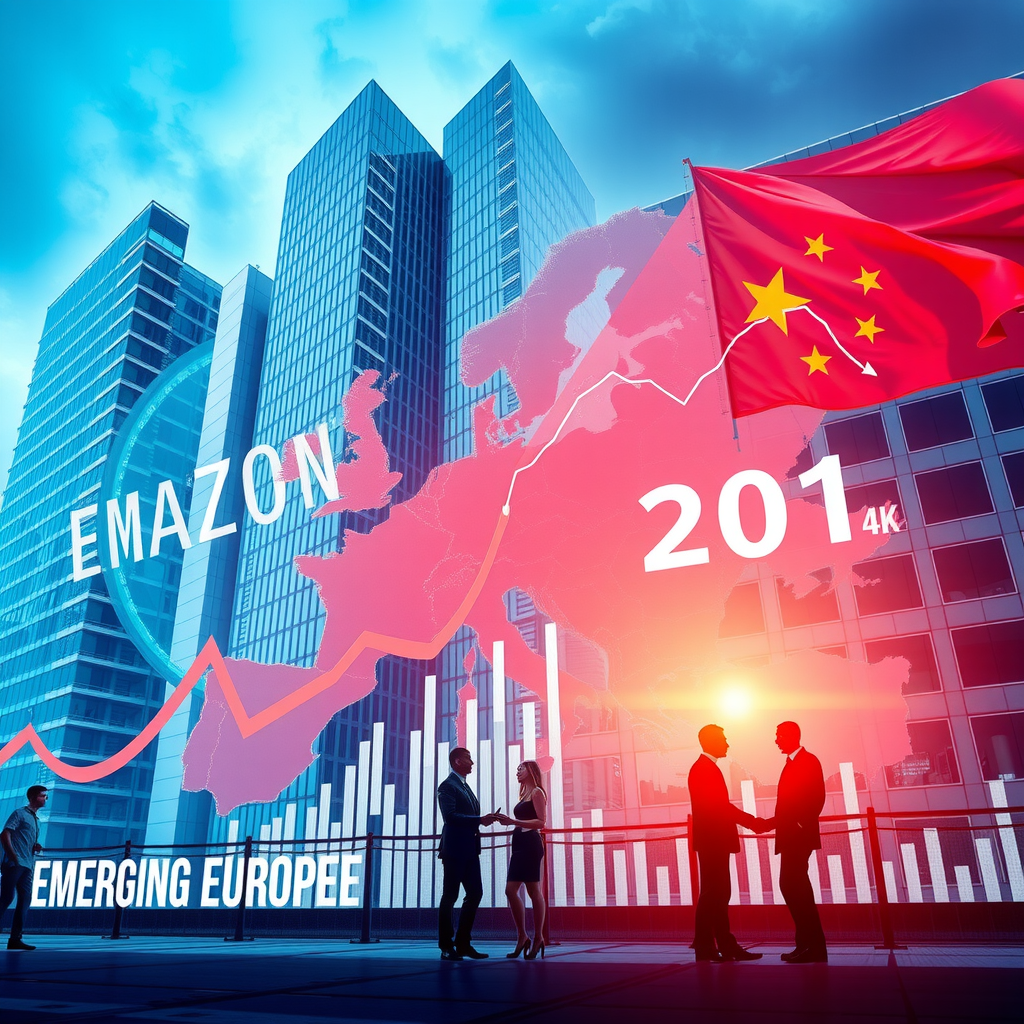 Dynamische Visualisierung aufstrebender europäischer Märkte mit Wachstumsgrafiken, Investitionsmöglichkeiten, Geschäftsleuten bei Vertragsverhandlungen, modernen Bürogebäuden und digitalen Marktanalyse-Tools, die neue Handelschancen symbolisieren