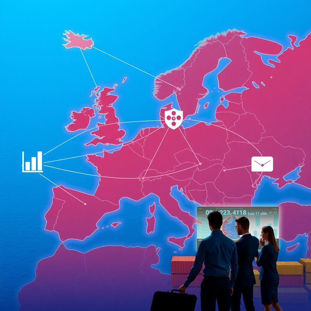 European map with interconnected trade routes, shipping containers at a modern port, digital trade statistics displays, and business professionals analyzing export-import data representing European economic integration