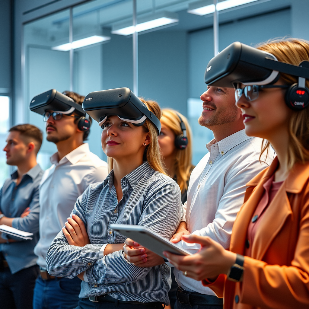 Gruppe von Mitarbeitern verschiedener Altersgruppen in einem modernen Schulungsraum mit VR-Brillen und digitalen Lerntools während einer technischen Weiterbildung
