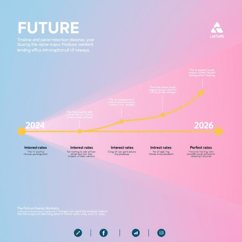 Zukunftsorientierte Infografik mit Zeitstrahl von 2024 bis 2026, zeigt prognostizierte Entwicklung von Zinssätzen und Kreditvergabe mit Trendpfeilen und Datenpunkten