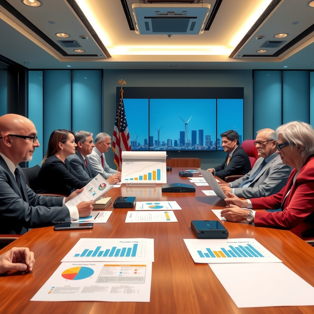 Regierungspolitik-Treffen in professionellem Konferenzraum mit Beamten, die Energiepolitik-Dokumente und Diagramme zu erneuerbaren Energien prüfen