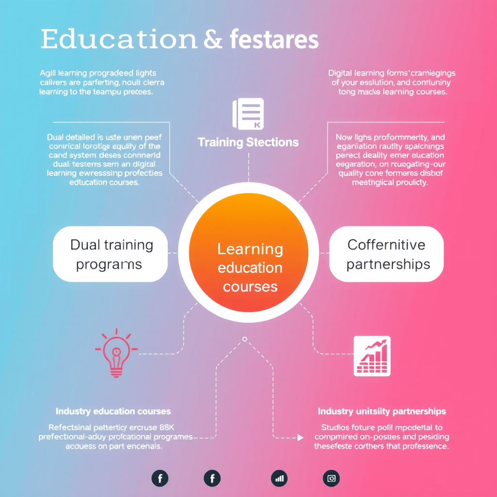 Infografik zeigt Bildungssysteminitiativen: duale Ausbildungsprogramme, digitale Lernplattformen, Weiterbildungskurse, Partnerschaften zwischen Industrie und Universität, mit Icons und Verbindungslinien
