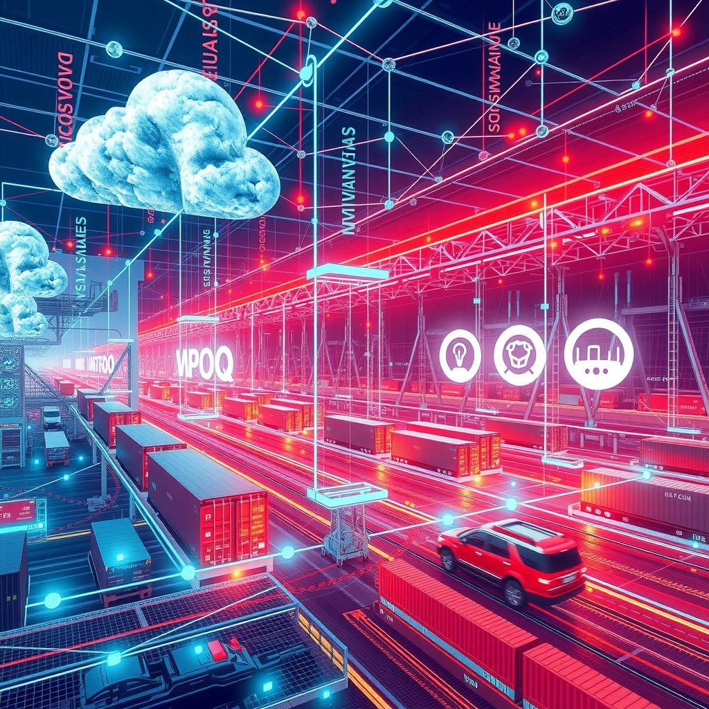 Futuristische Darstellung digitaler Handelsinfrastruktur mit Blockchain-Netzwerken, Cloud-Computing-Systemen, automatisierten Zollabfertigungen, KI-gestützten Logistikplattformen und vernetzten Handelssystemen in einer modernen digitalen Umgebung