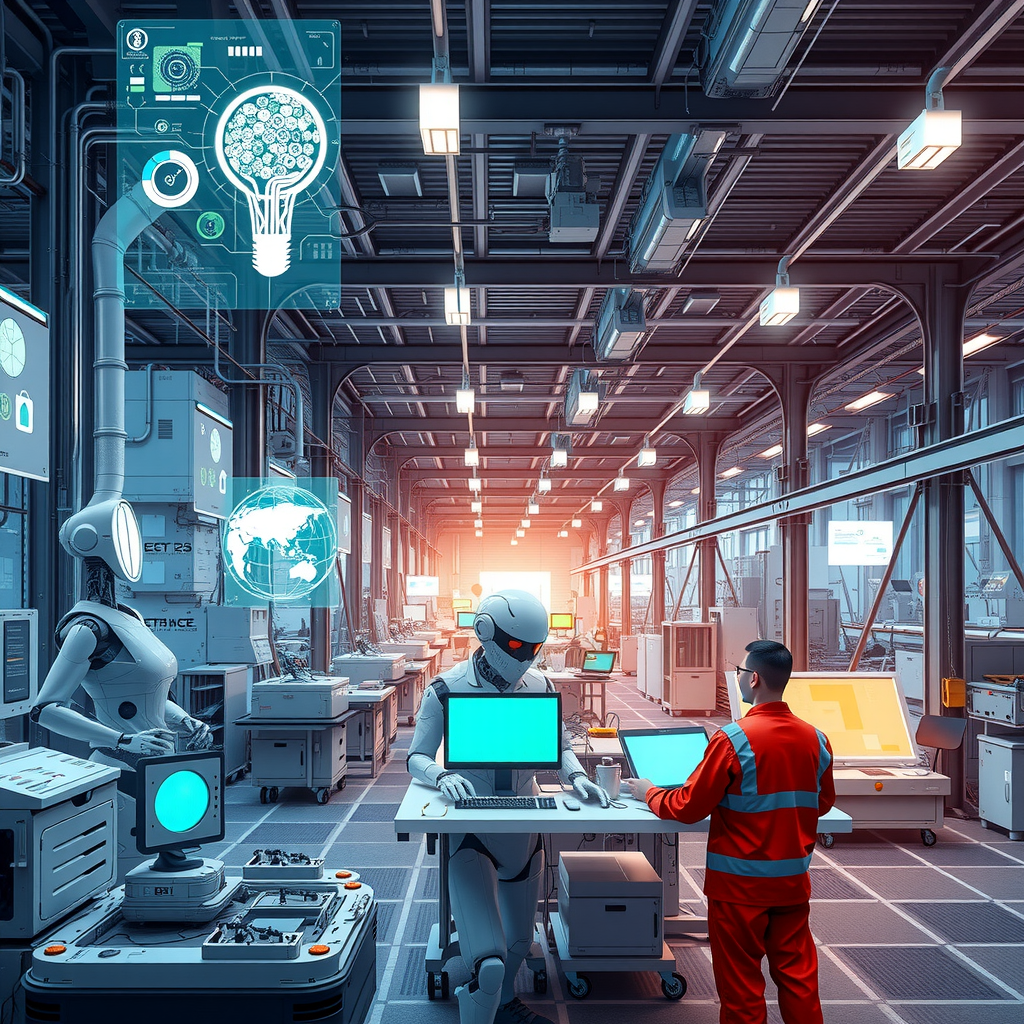 Futuristische Darstellung einer hochmodernen Fabrik mit Hologrammen, autonomen Robotern, grünen Technologien und Arbeitern, die mit fortschrittlichen Interfaces interagieren