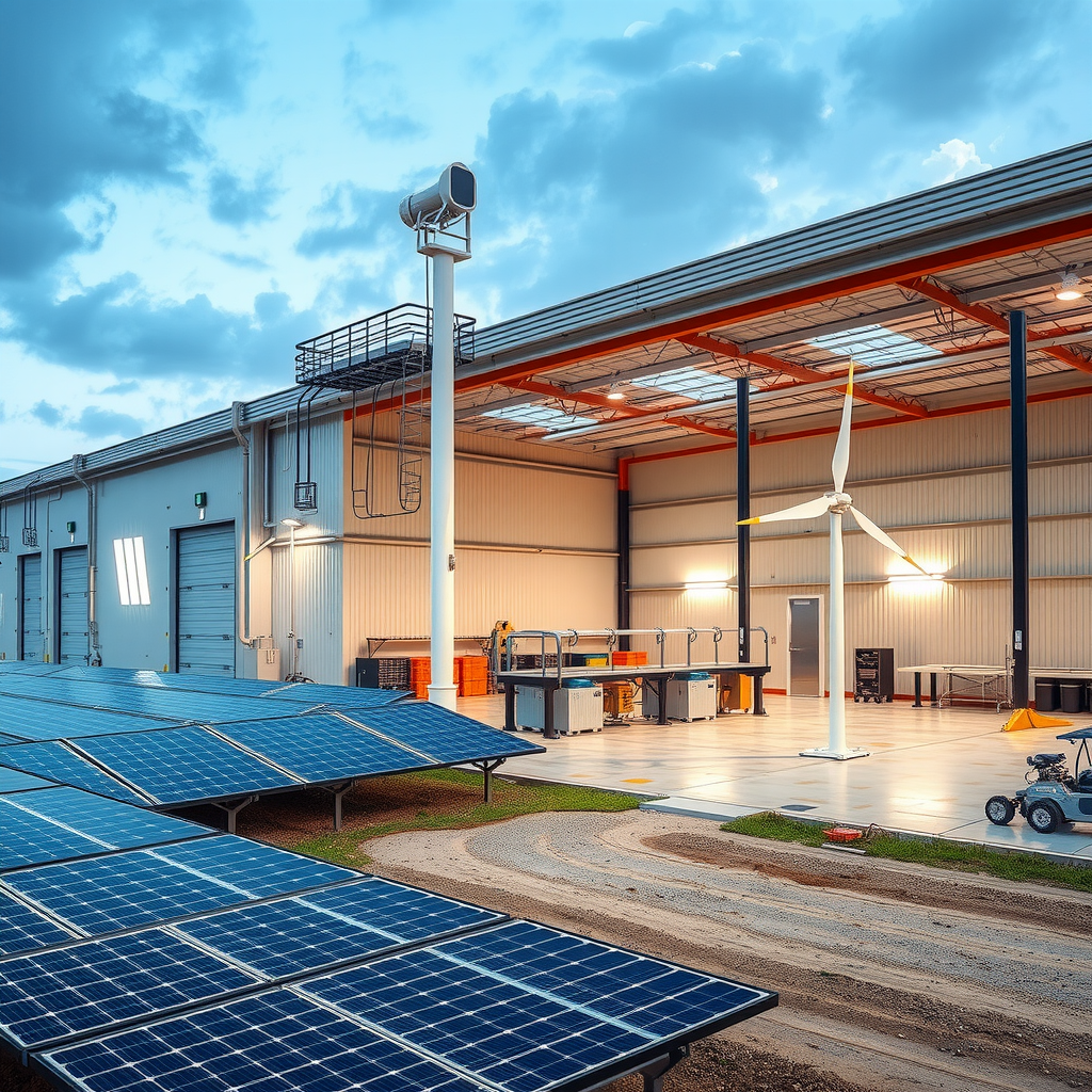 Unternehmens-Investition in erneuerbare Energien mit moderner Industrieanlage, integrierten Solarpanelen und Windturbinen auf Firmengelände