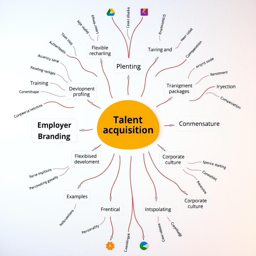 Mindmap-Diagramm zeigt Strategien zur Talentgewinnung: Employer Branding, flexible Arbeitsmodelle, Weiterbildungsangebote, Vergütungspakete, Unternehmenskultur, mit Verbindungen und Beispielen