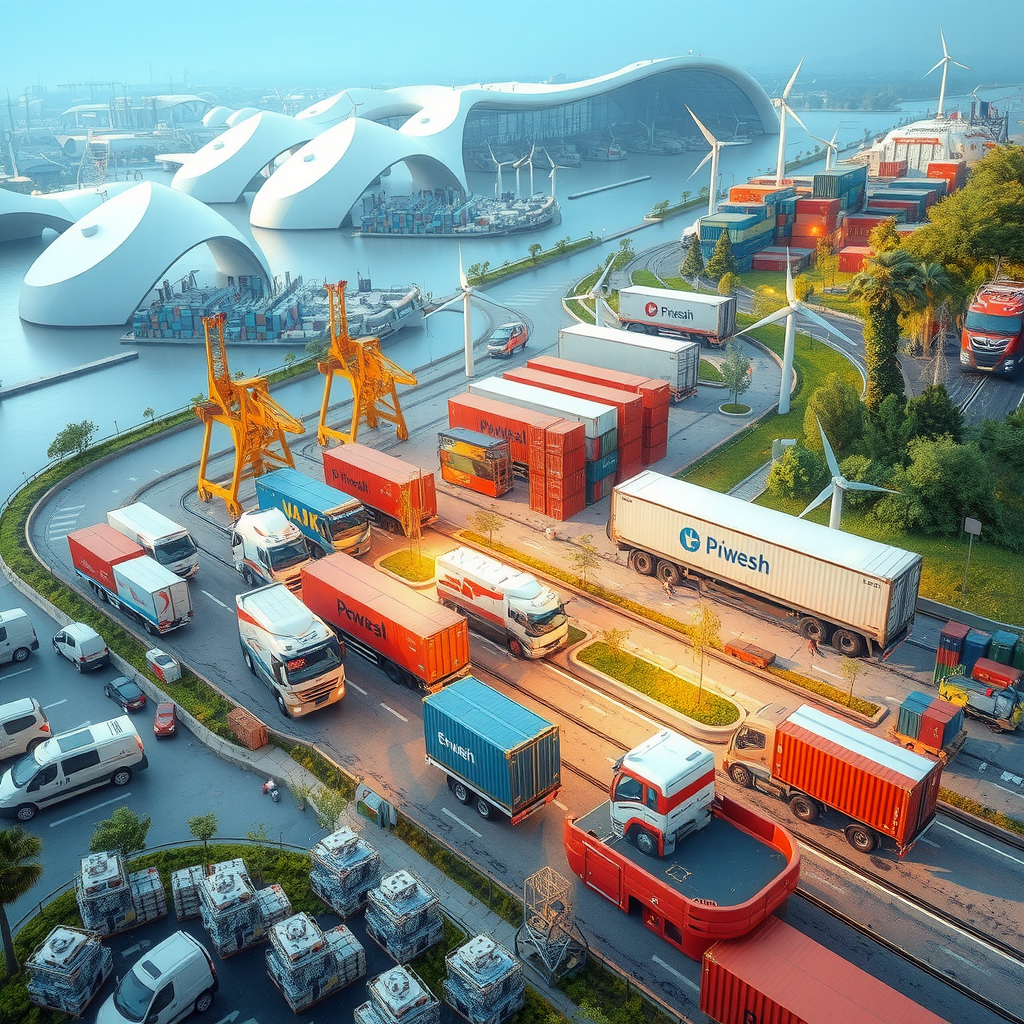 Visionäre Darstellung der zukünftigen europäischen Handelslandschaft mit nachhaltigen Transportmitteln, grünen Logistikzentren, erneuerbaren Energien, digitalen Handelsnetzwerken und innovativen Geschäftsmodellen in einer harmonischen europäischen Wirtschaftsgemeinschaft