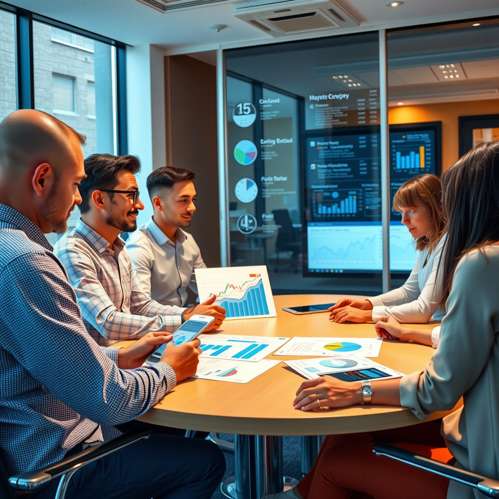 Das EuroCity Capital Team bei einer Strategiebesprechung mit Wirtschaftsdaten und Marktanalysen im Konferenzraum