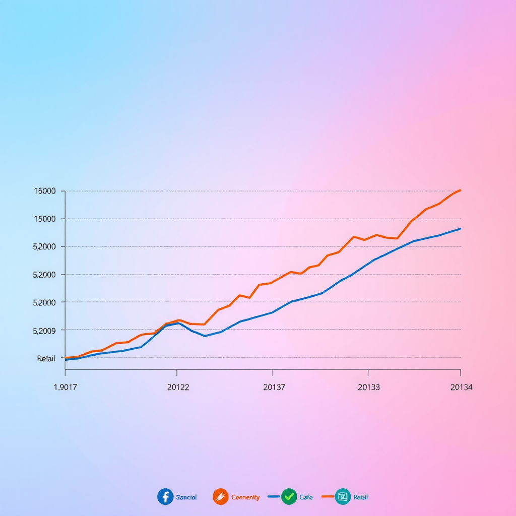 Liniendiagramm zeigt Beschäftigungstrends nach Branchen über 5 Jahre: IT-Sektor steigend, Gesundheitswesen steigend, traditionelle Industrie stabil, Einzelhandel leicht rückläufig, mit Trendlinien und Datenpunkten